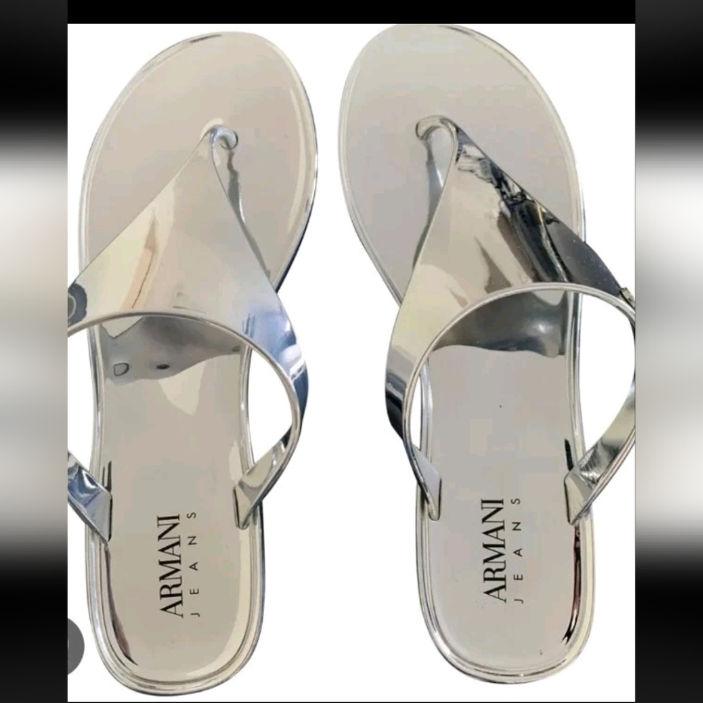 Armani Jeans Silver Mirror Thong PVC Flip Flops Flat Sandal Euro 40 /10M US